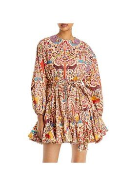 NEW Rhode Belted Waist Ella Printed Cotton Boho Mini Dress Red Size: Extra Small